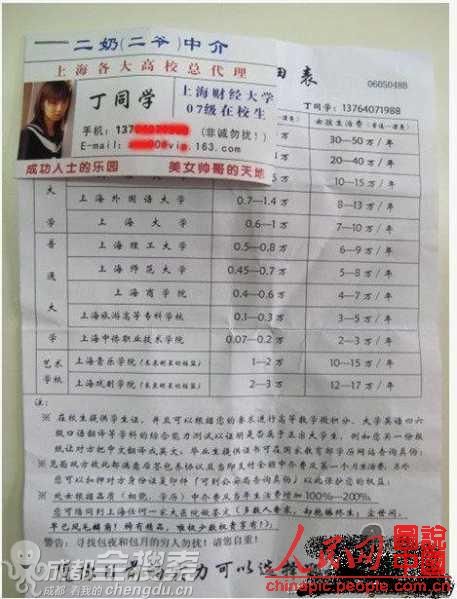 北京破获网络二奶中介案 对女大学生明码标价